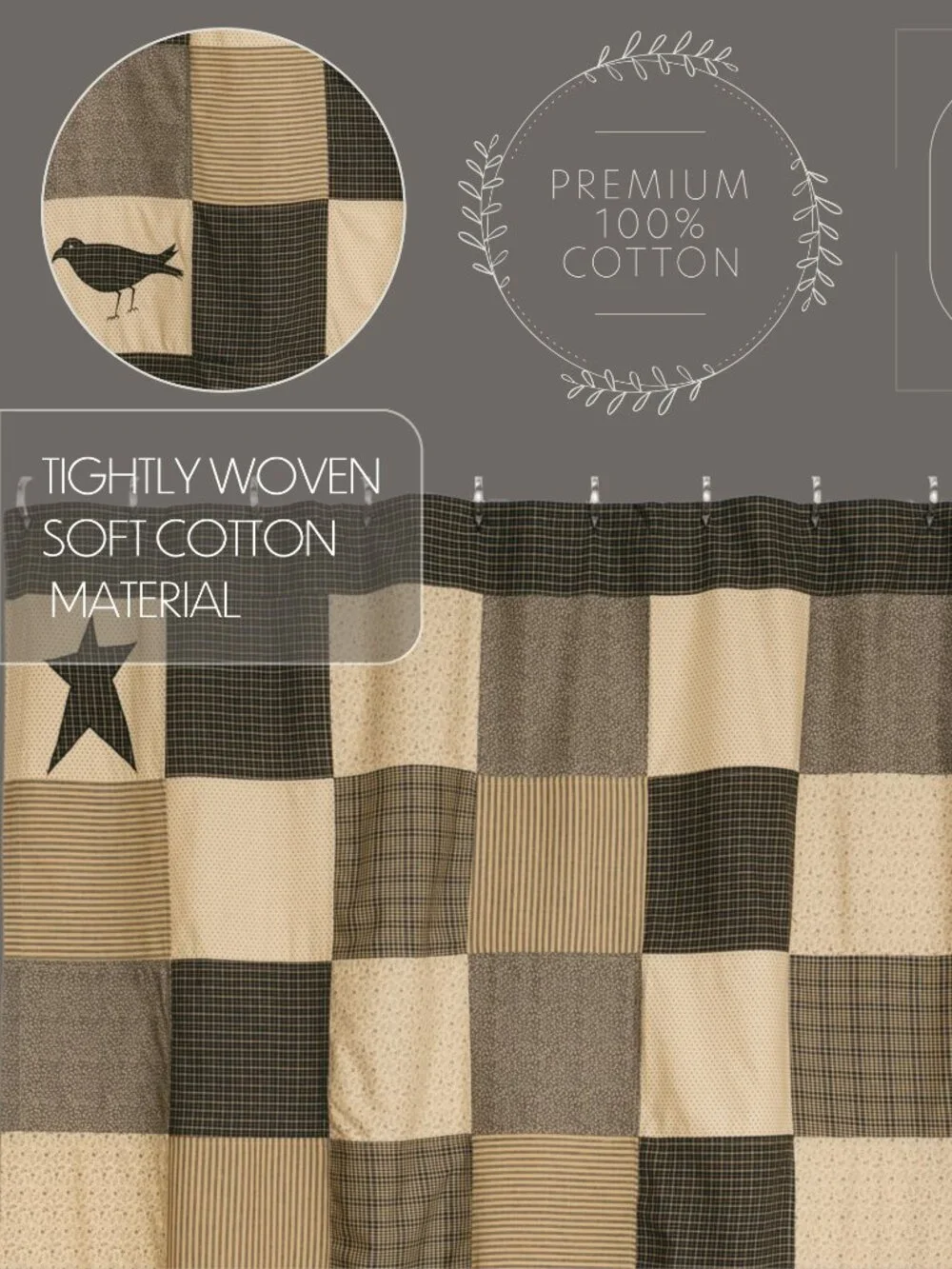 Primitive star and crow patchwork shower curtain 72